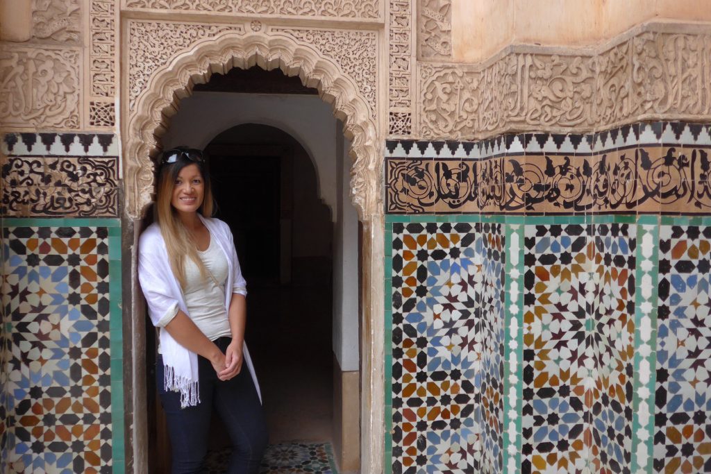 The beautiful archways and tilework in the Ben Youssef Medersa