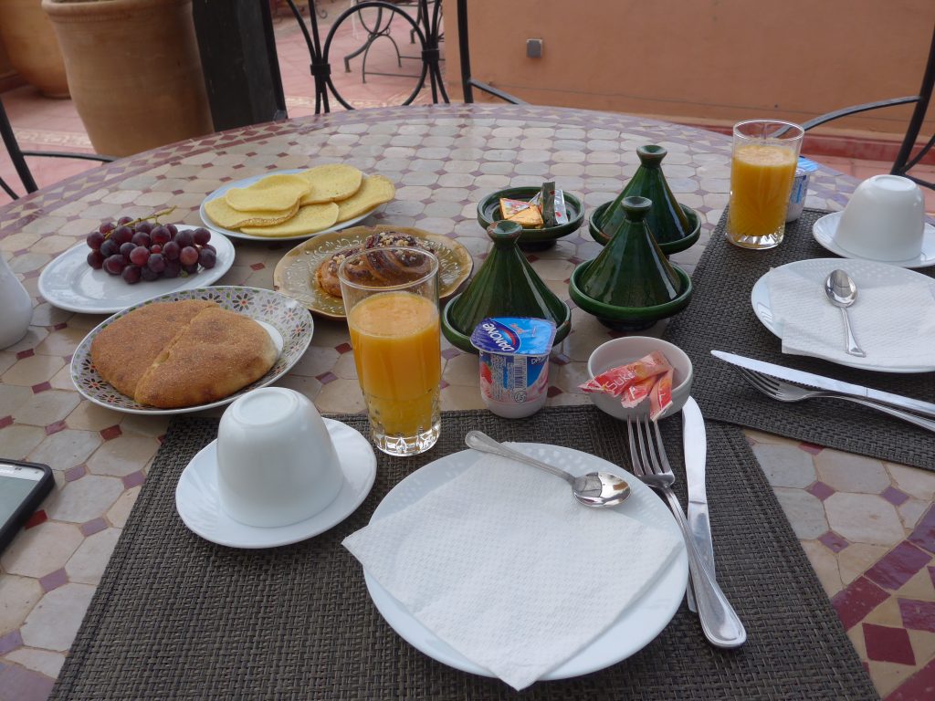 Moroccan breakfast spread at our riad