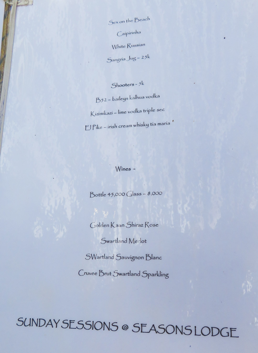 Drink Menu at Seasons Lodge