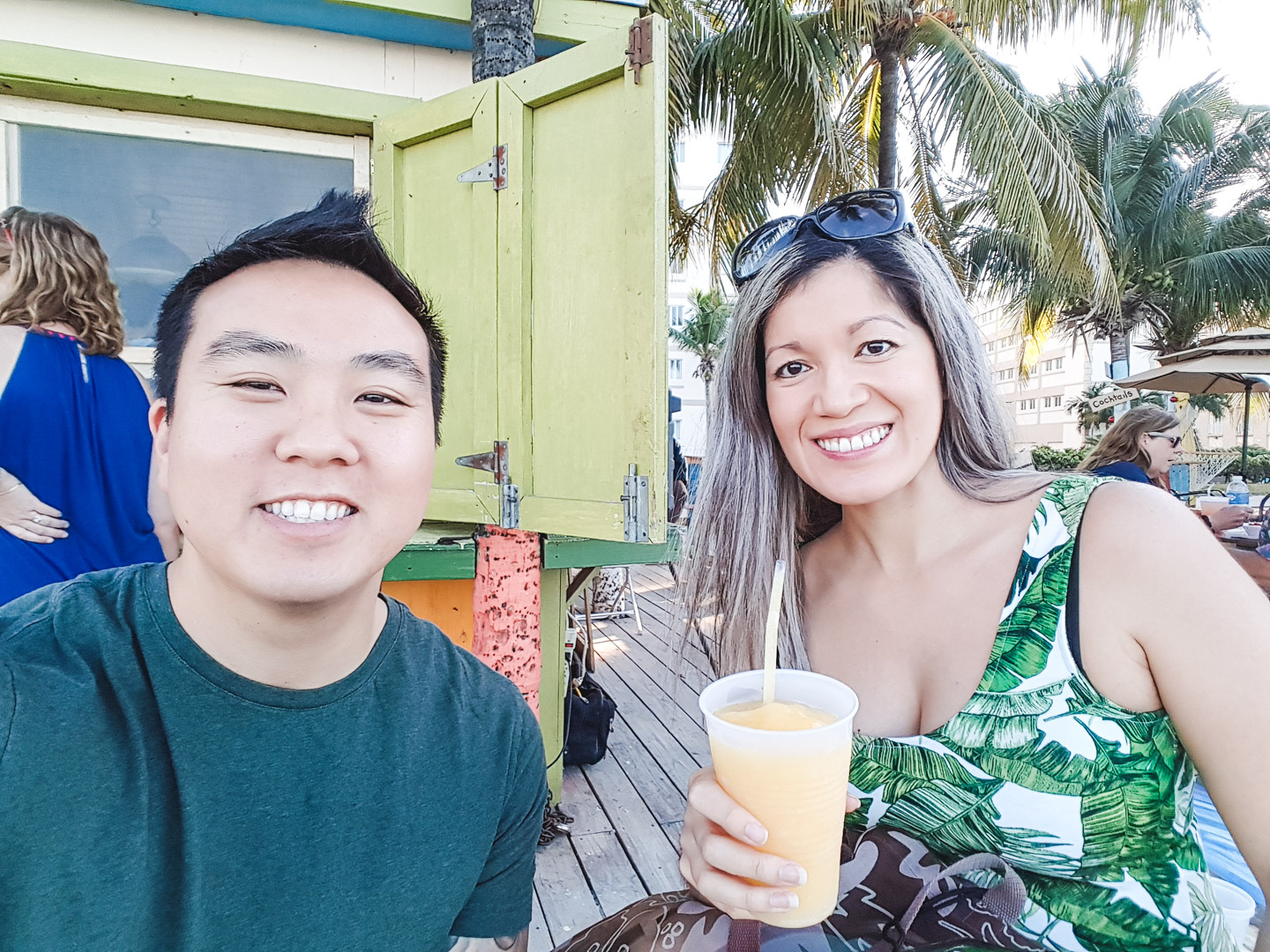 Bahamas Babymoon Drinking smoothies at Junkanoo Beach