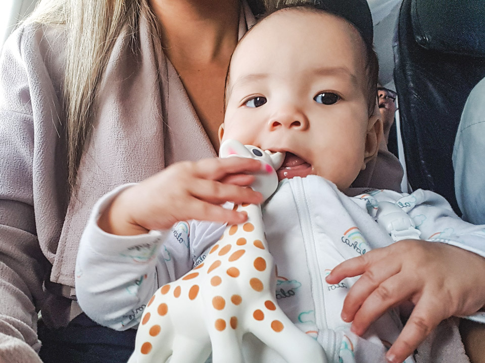 Baby chewing on Sophie the Giraffe