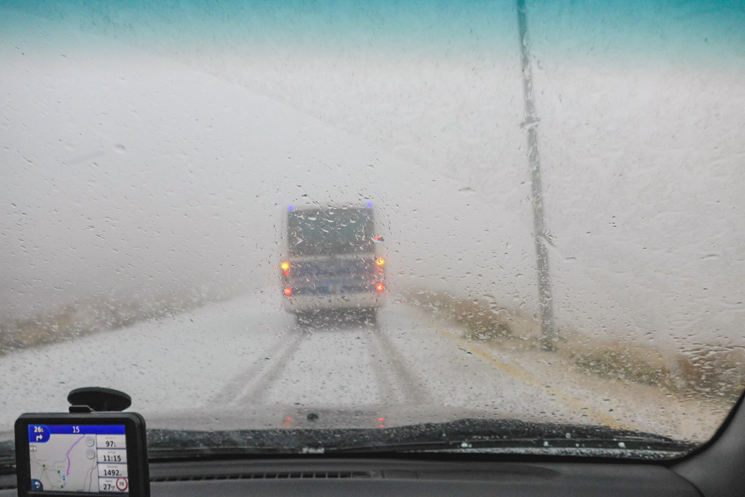 Driving icey road in Jordan