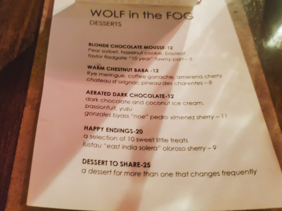 Wolf in the Fog Dessert Menu