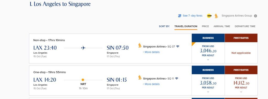 Singapore Airlines Busines Class Price
