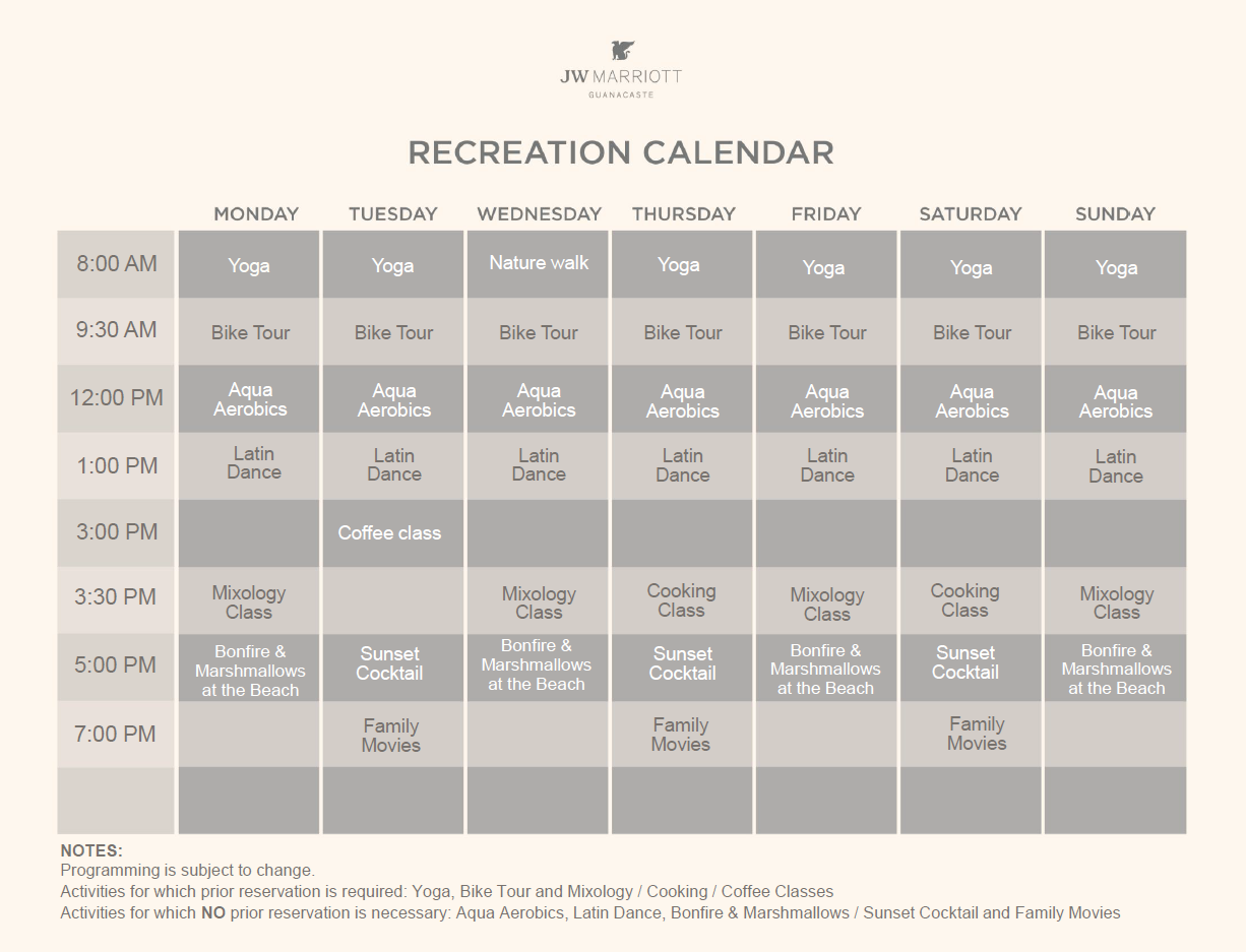 JW Marriott Guanacaste Activity Calendar