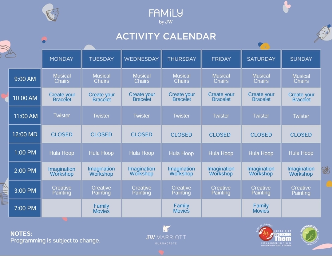 JW Marriott Guanacaste Kids Club Activity Schedule