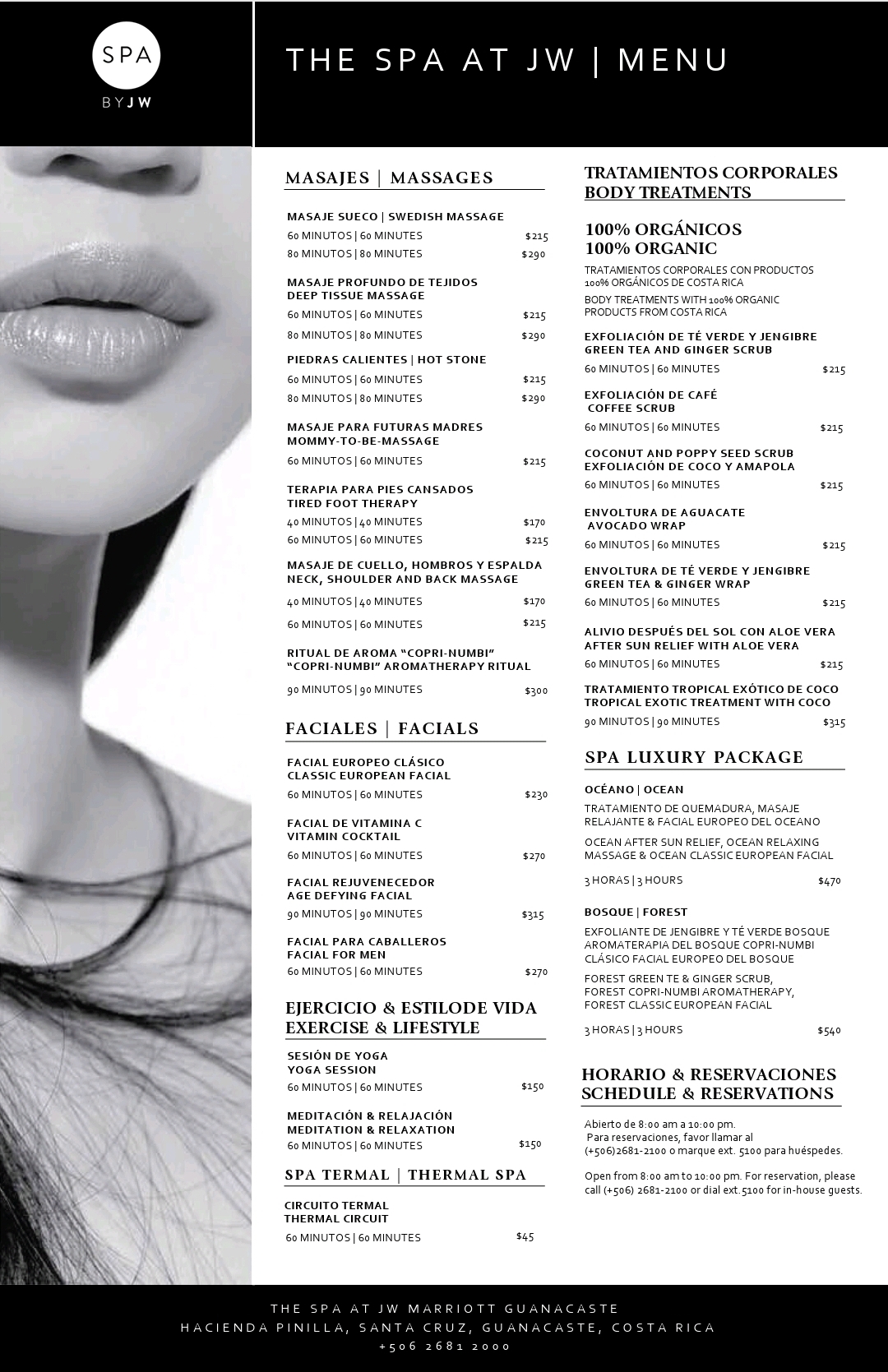 JW Marriott Guanacaste Spa Menu