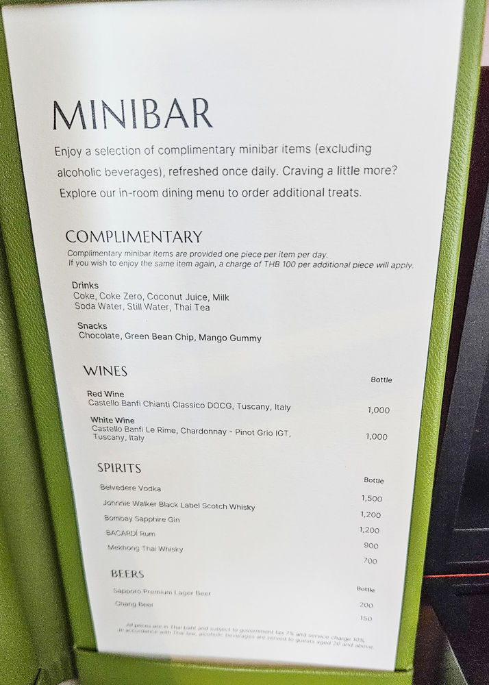 Andaz One Bangkok Minibar Menu