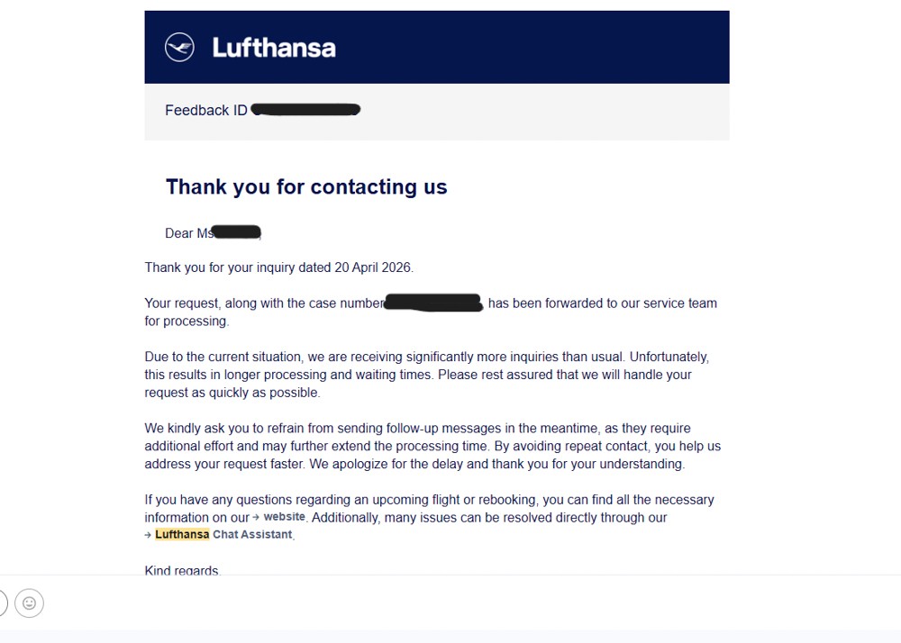 Lufthansa Cancelled Flight Compensation Acknowledgement Email