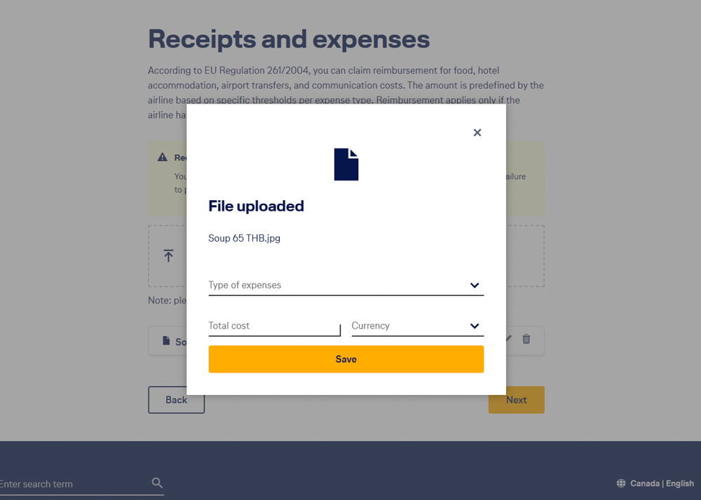 Lufthansa Cancelled Flight Compensation Form Step 7 Receipt Upload