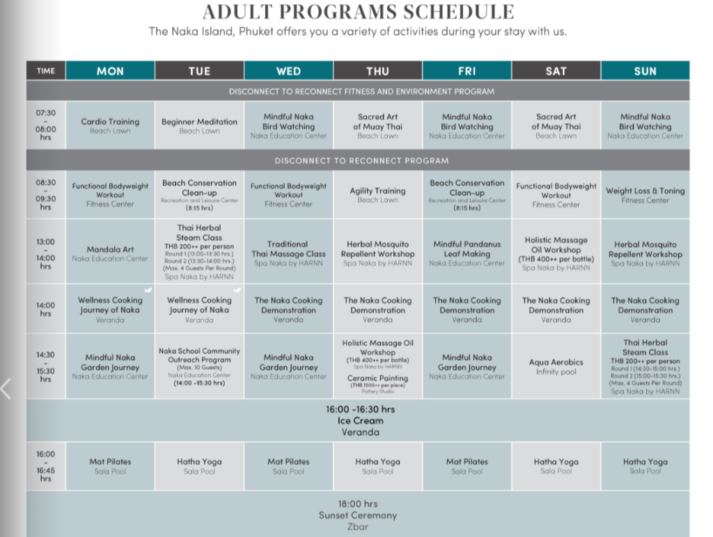 The Naka Island Activity Schedule