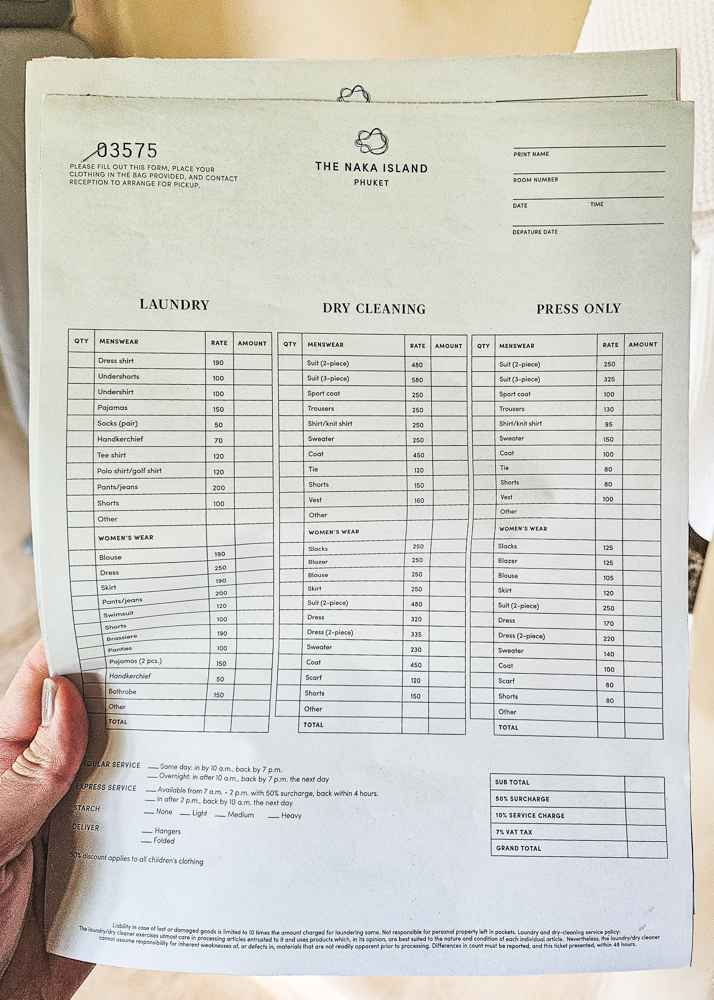 The Naka Island Laundry Price List